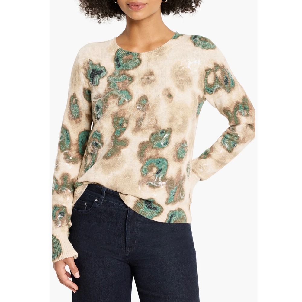 NIC+ZOE Leopard Sequin Sweater Neutral Multi Ruffle Cuff Petite Large